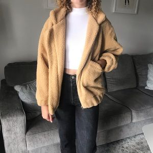 Zaful Fluffy Zip Up Winter Teddy Coat Camel Brown
